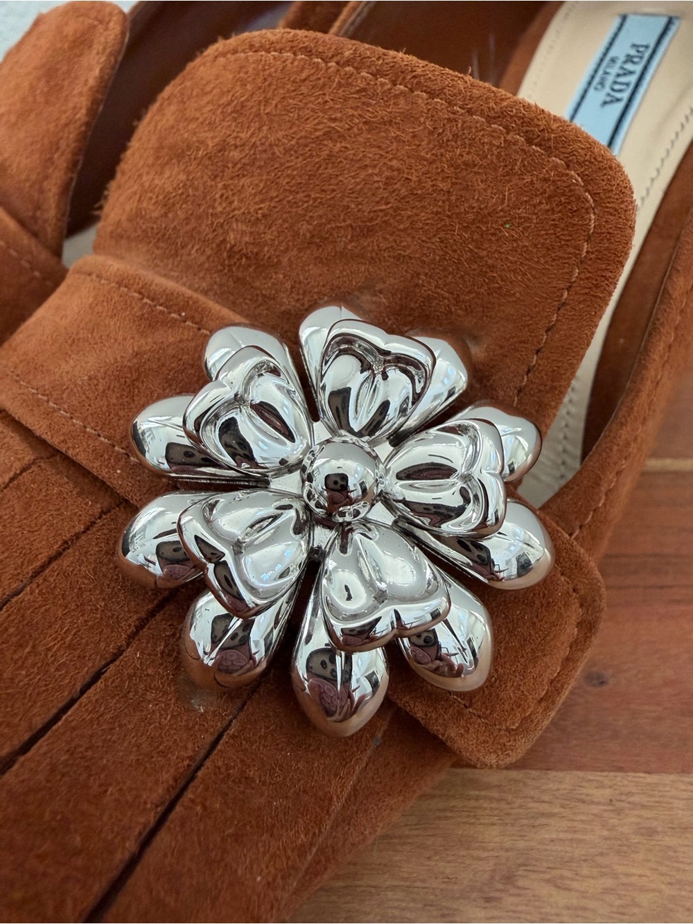 Prada Rust Brown Suede Fringe Loafers with Silver Floral Buckle - Picture 6 of 6